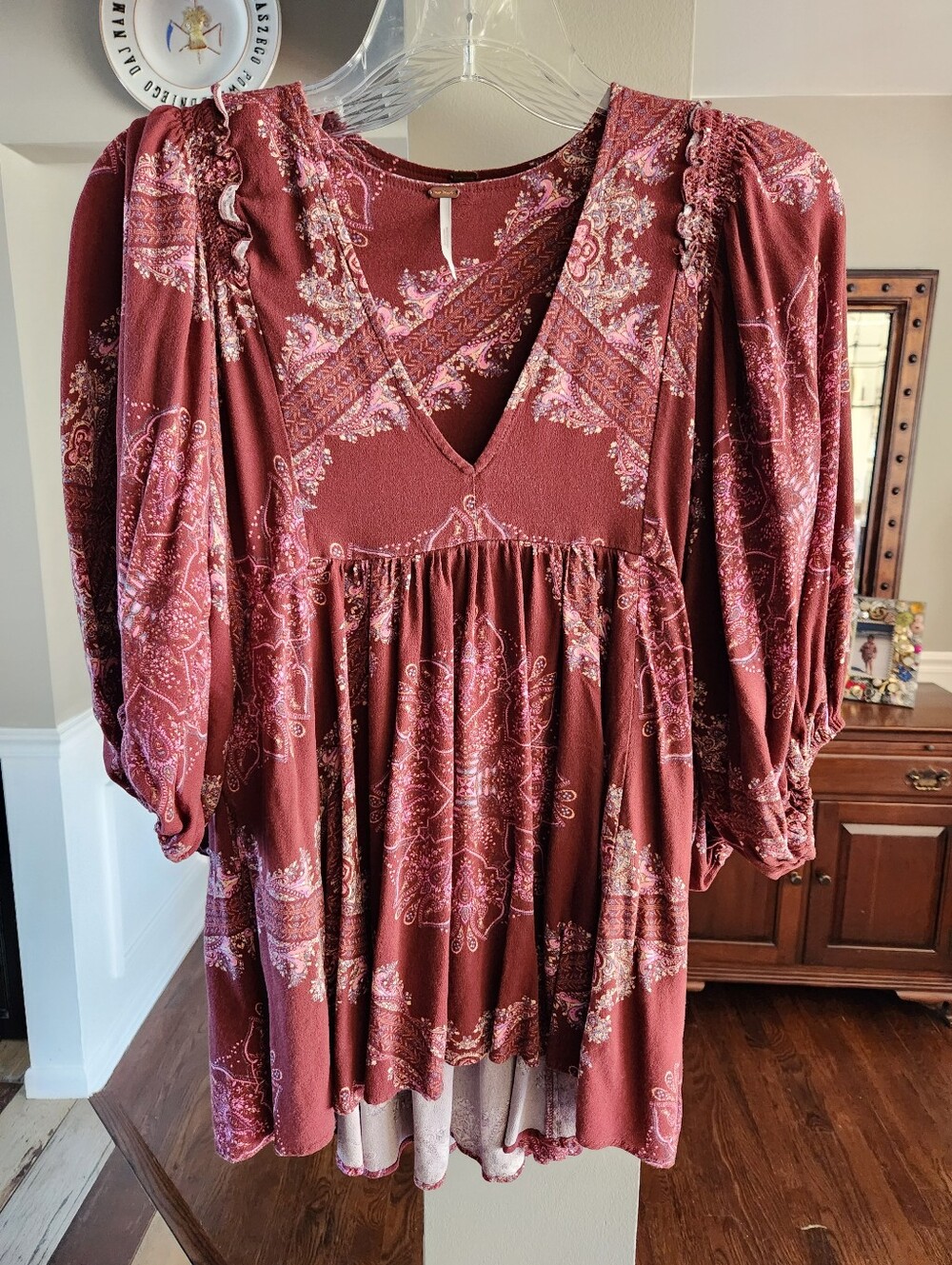 Free People Burgundy Paisley V-Neck Dress With Pockets Size SP